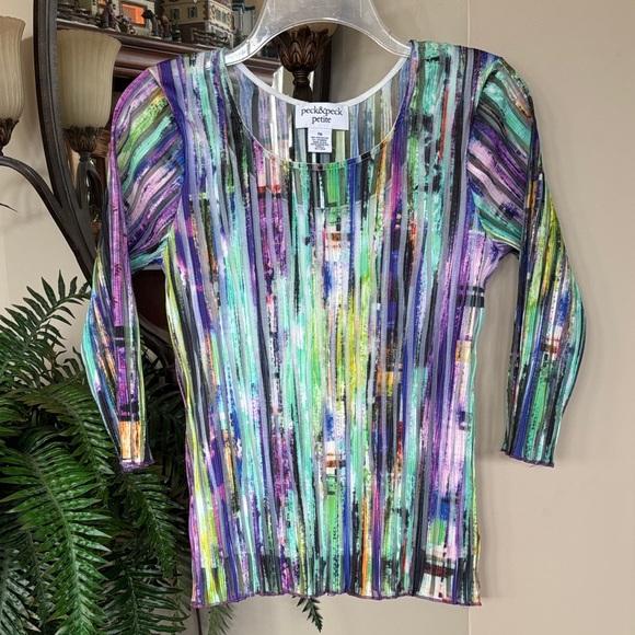 Vintage Peck & Peck Petite Colorful Crinkle Pleated Top 3/4 Sleeve Blouse Office - Picture 11 of 11